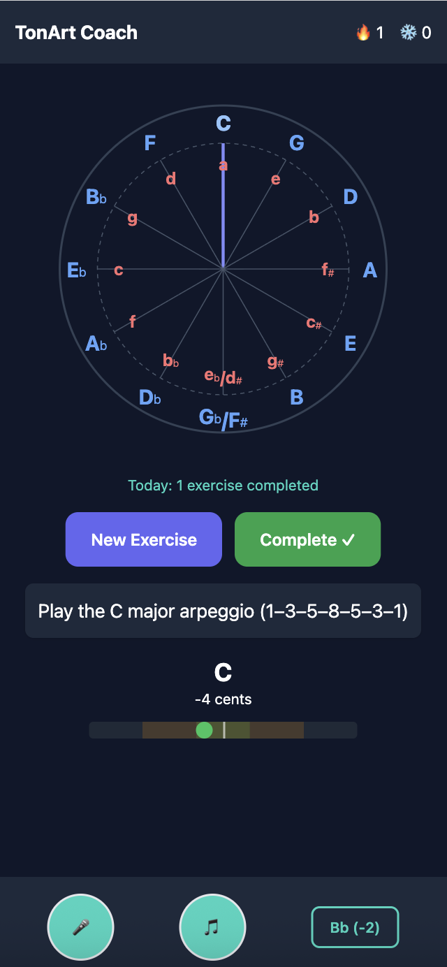 TonArt Coach App - Circle of Fifths with active exercise, tuner, and drone