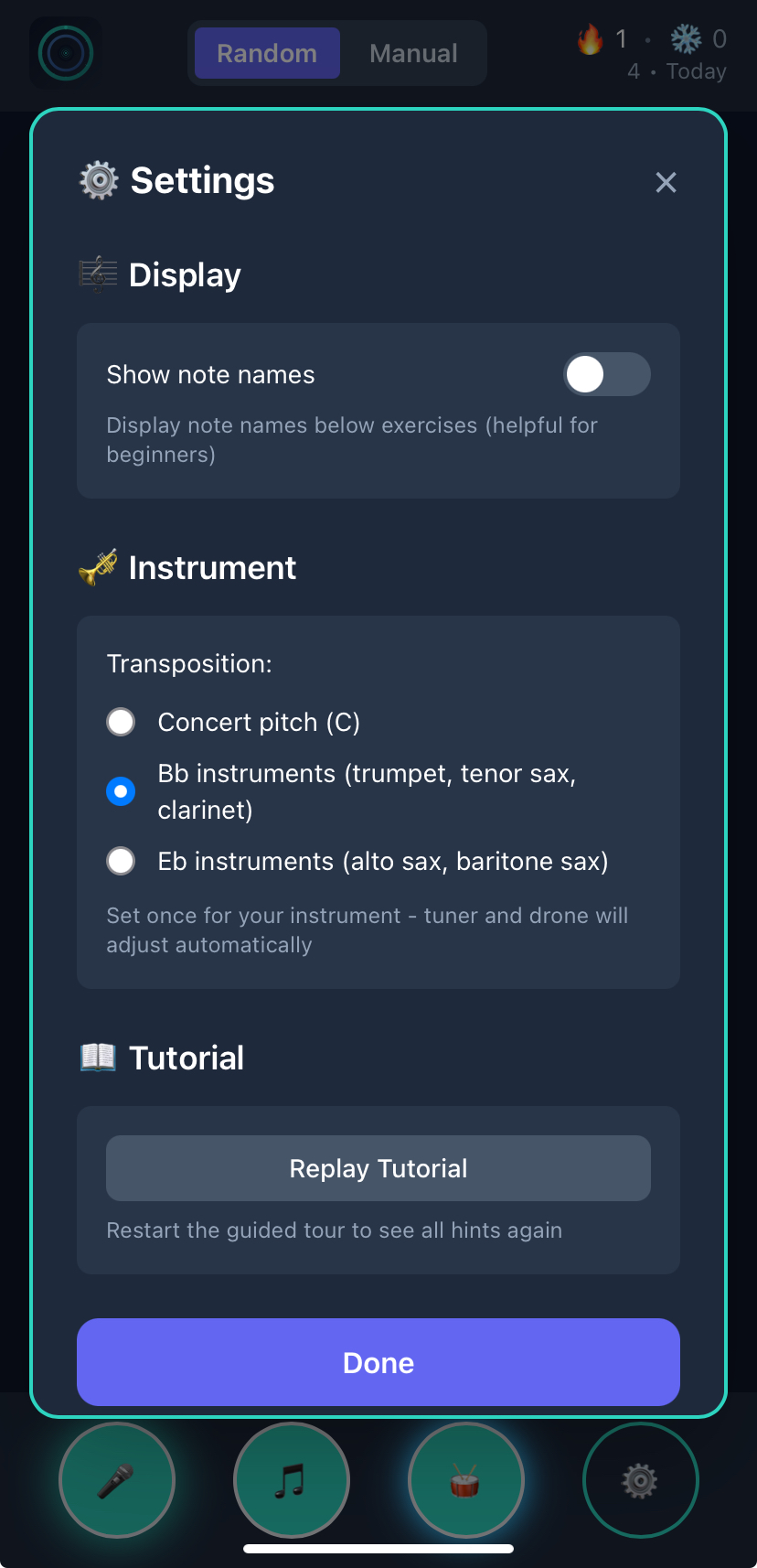 TonArt Coach – Settings and footer controls
