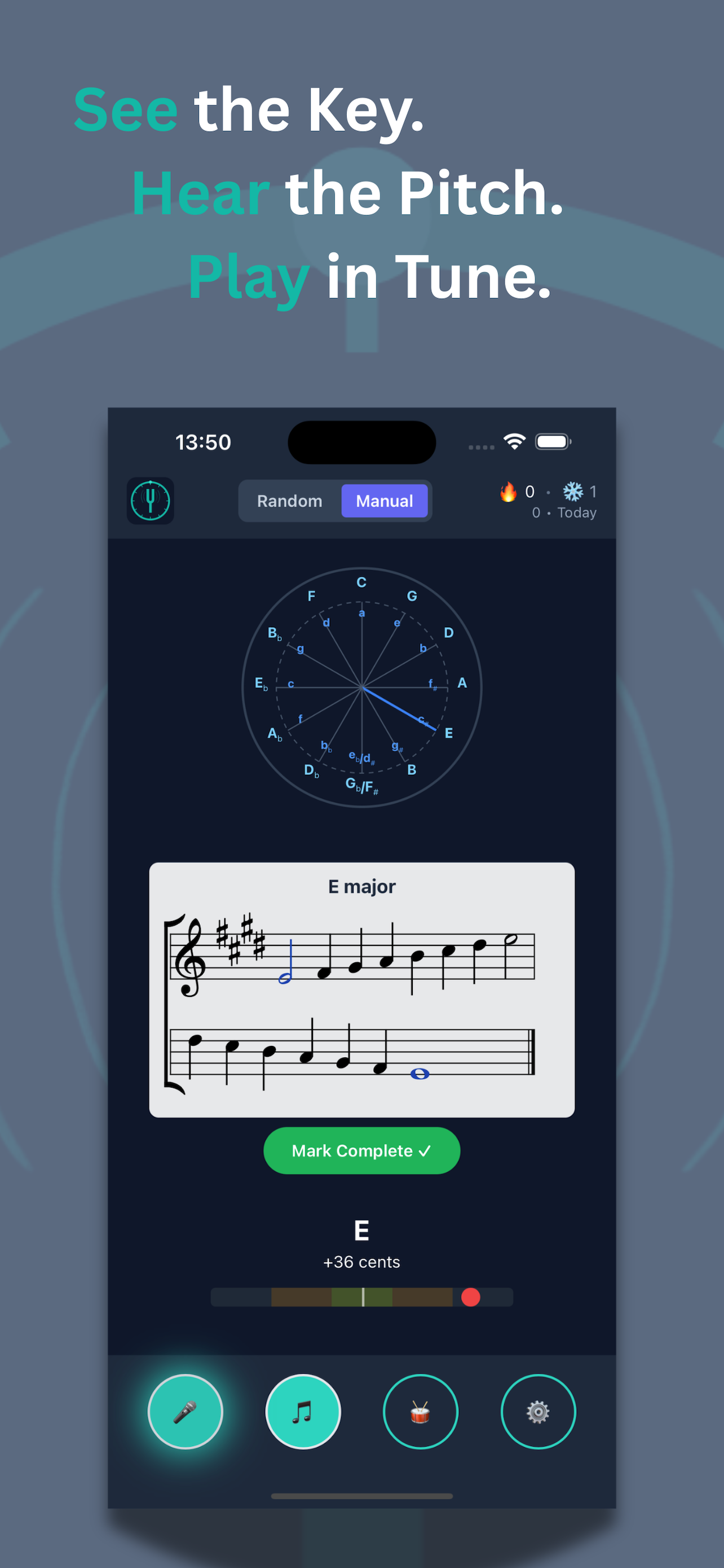 See the Key, Hear the Pitch, Play in Tune — notation and tuner