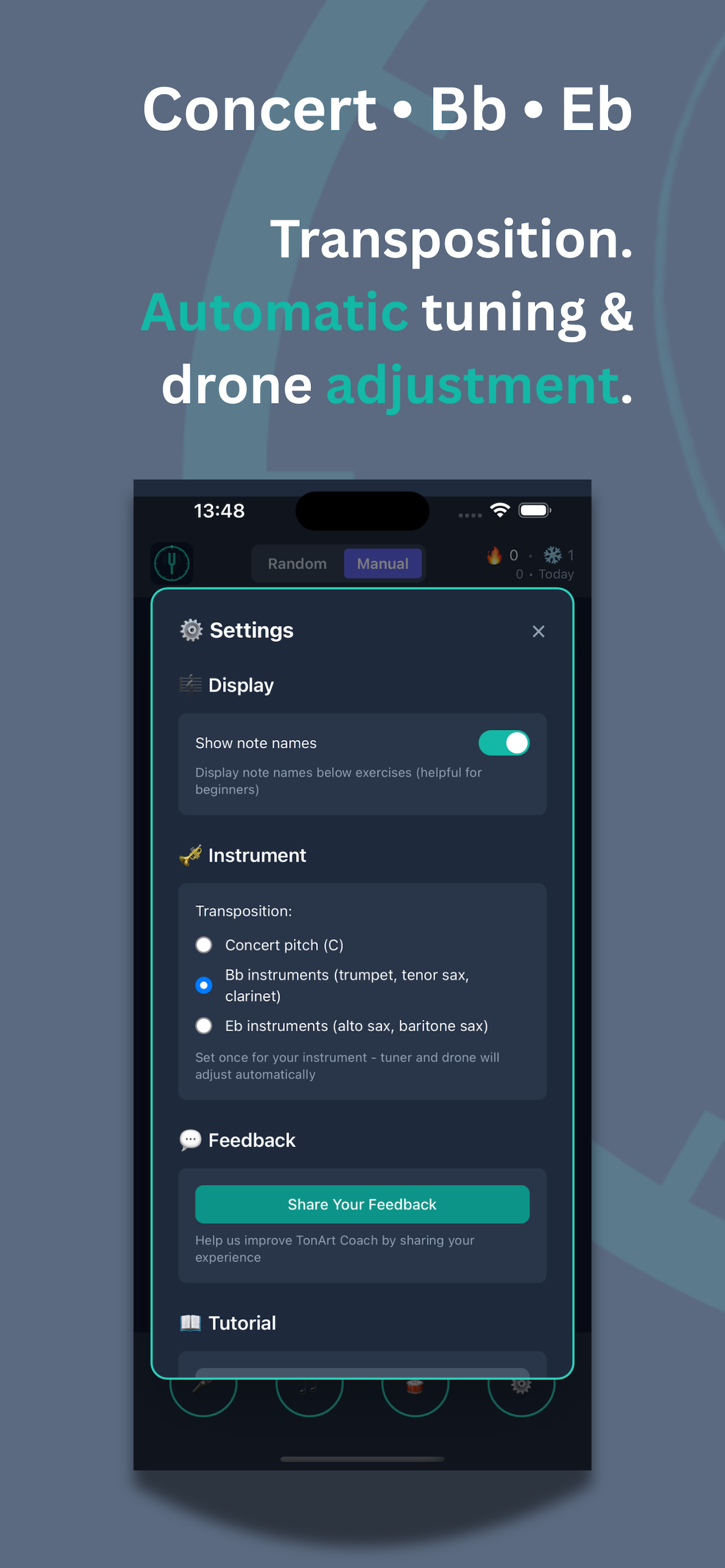 Concert, Bb, Eb Transposition — settings and instrument selection